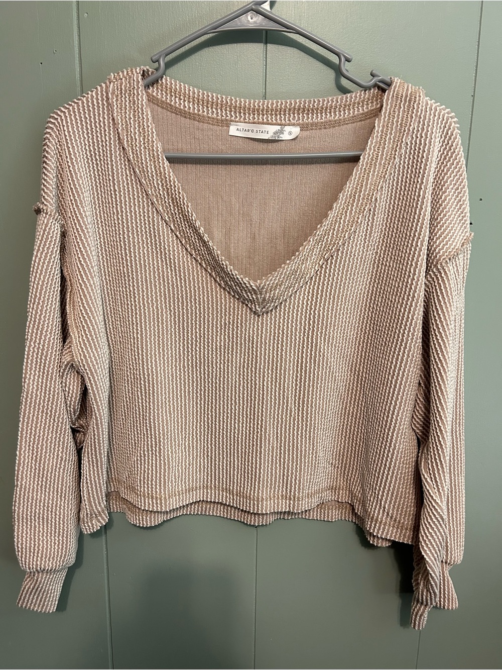 Altar'd State Cream and Taupe Striped V-Neck Waffle Tunic Sweater